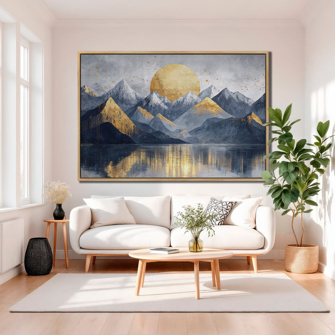 Framed Wall Art: Mountain landscape canvas print in gold, blue, and gray tones. Modern art for living room decor. Shop now and elevate your space!