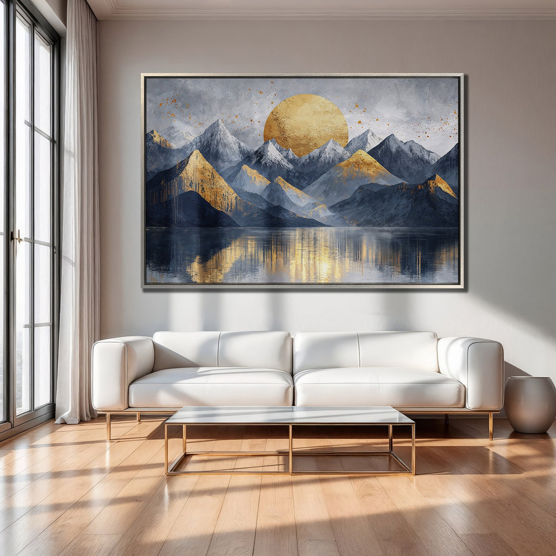 Framed Wall Art: Abstract mountain landscape Canvas Print in gold, blue, and gray hues. Modern decor for living room.