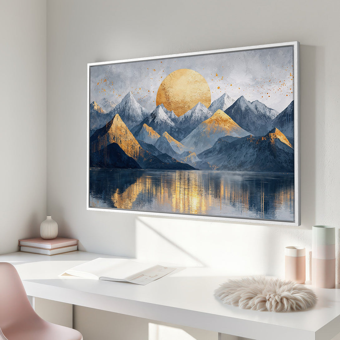 Framed Wall Art: Abstract mountain landscape Canvas Print featuring a golden sun, cool blues, and warm gold tones. Perfect for modern home decor.