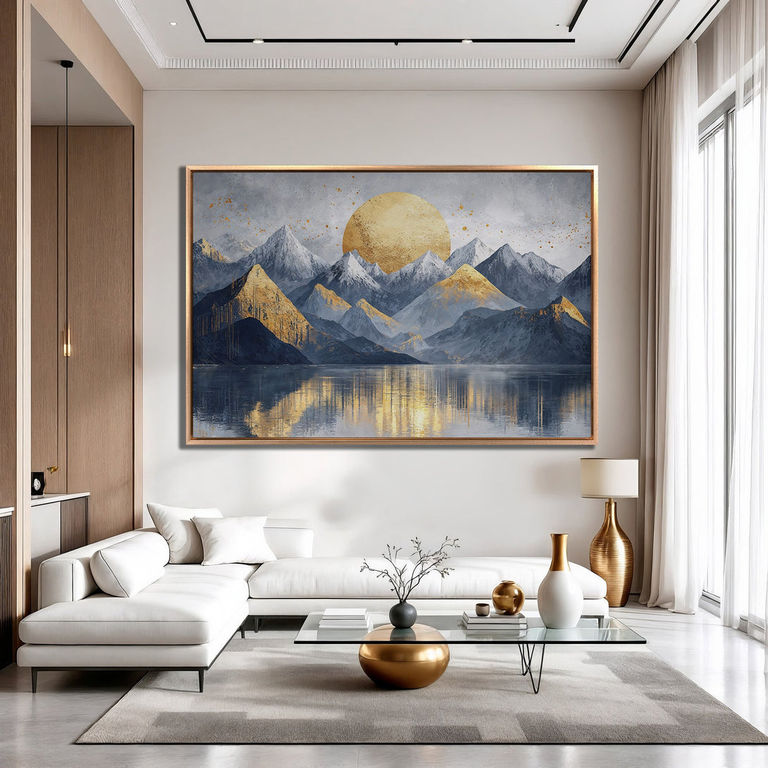 Framed Wall Art: Mountain landscape Canvas Print in gold and blue tones. Modern art for a stylish living room. Elevate your home decor today!