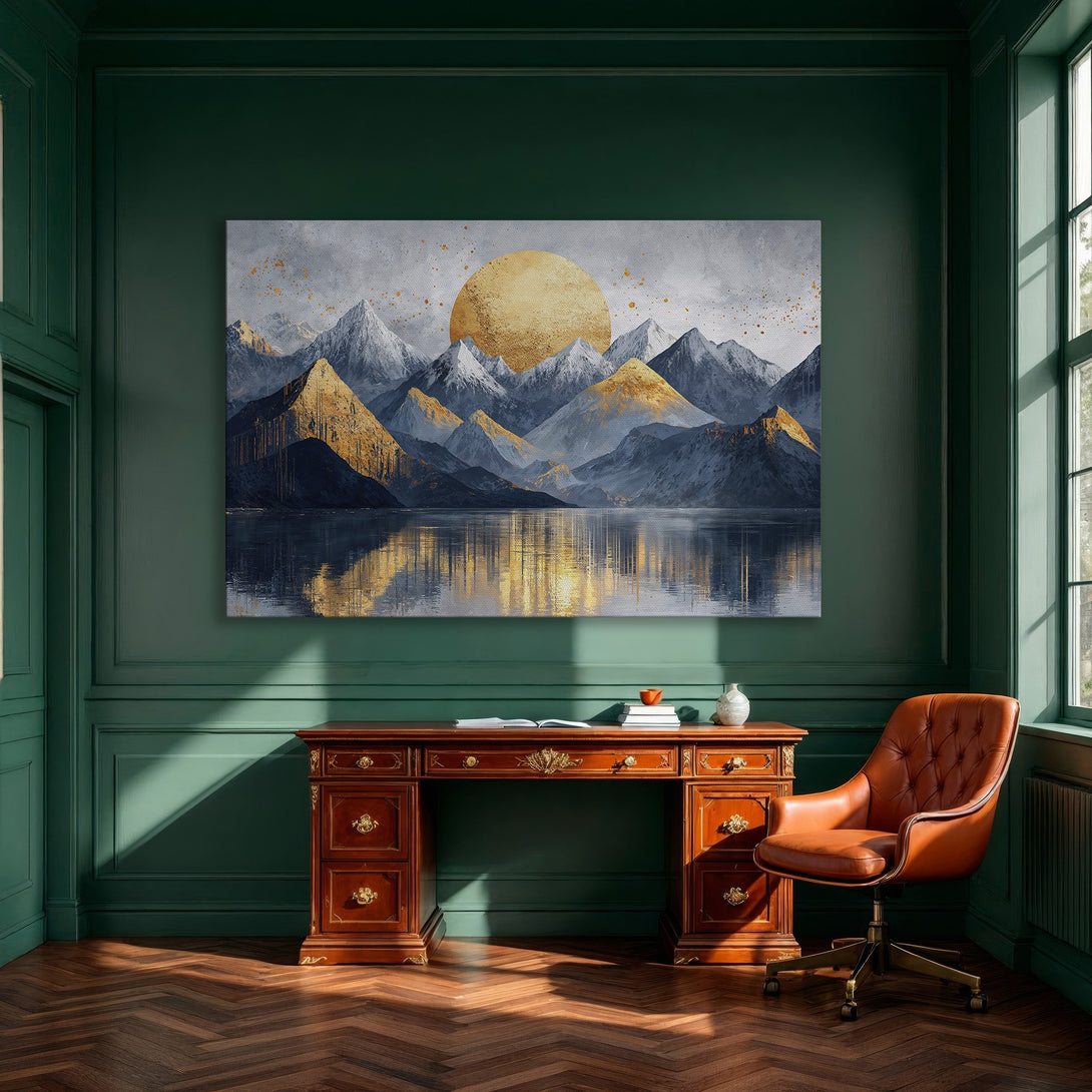Framed Wall Art: Mountain landscape Canvas Print with gold and blue tones, perfect for modern home decor.