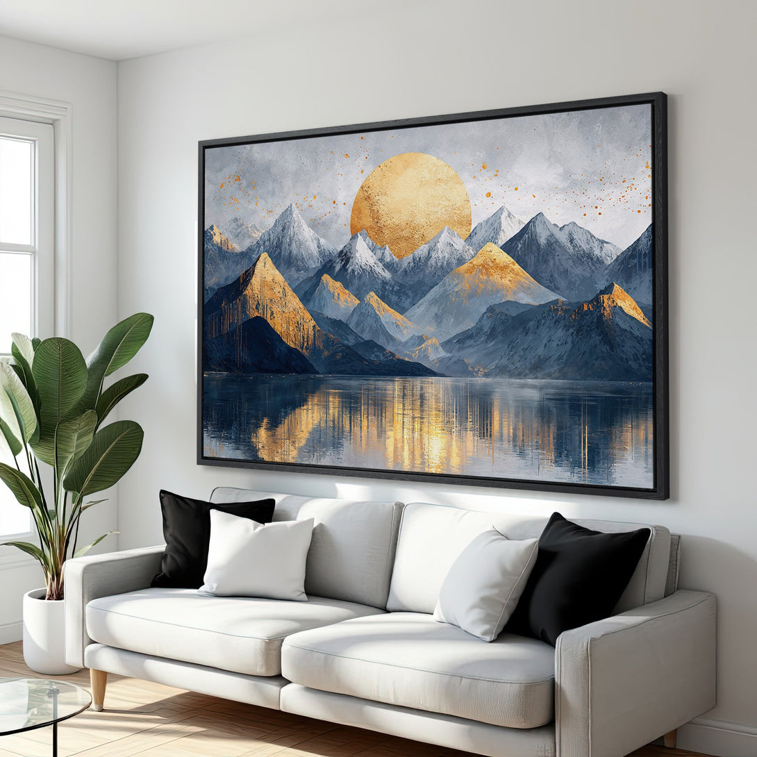 Framed Wall Art: Abstract mountain landscape Canvas Print in gold, blue, and gray tones. Modern art for living room decor.