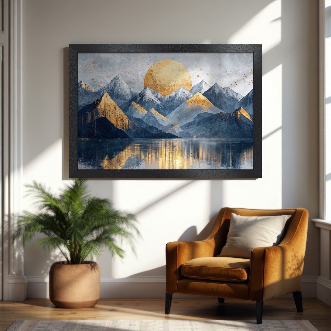 Framed Poster featuring a mountain landscape with a sunset. Modern art style with blue, gold, and gray tones. Perfect for home decor.
