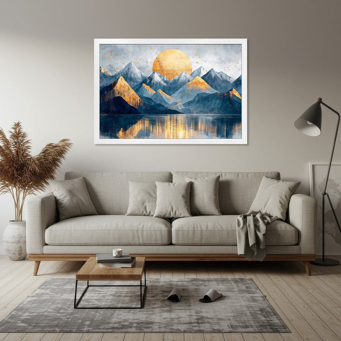 Framed Poster featuring a stunning mountain landscape with a warm sunset, in a modern style with blue, gold, and gray tones. Perfect wall art!