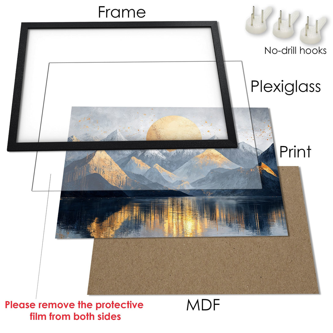 Framed Poster featuring a mountain landscape, with a serene color palette of blues, golds, and whites. Perfect wall art!