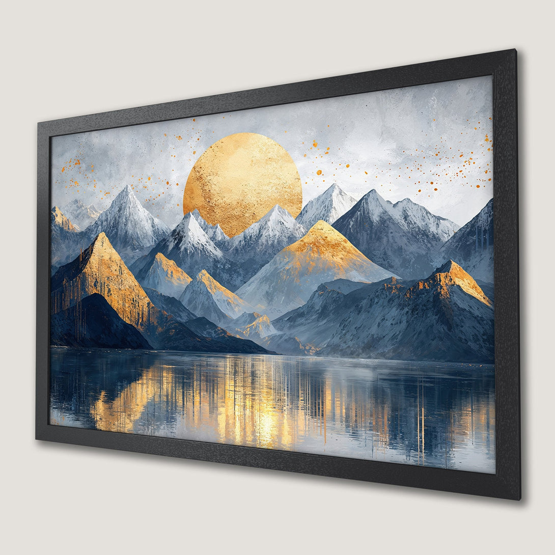 Framed Poster of mountain landscape with gold and blue color palette, perfect wall art.