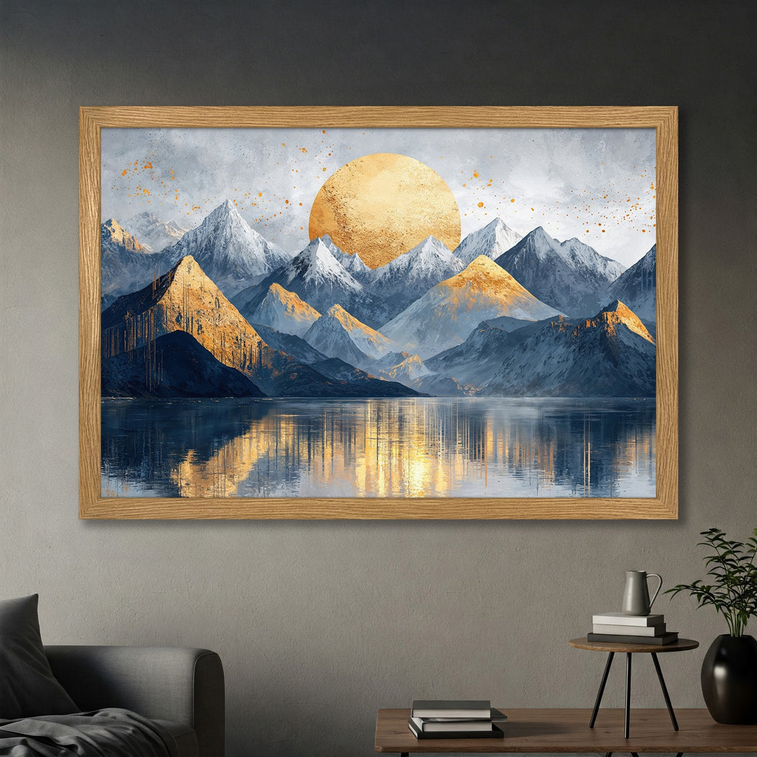 Framed Poster of mountain landscape art. Features a gold and blue color palette with a modern style. Perfect wall decor!