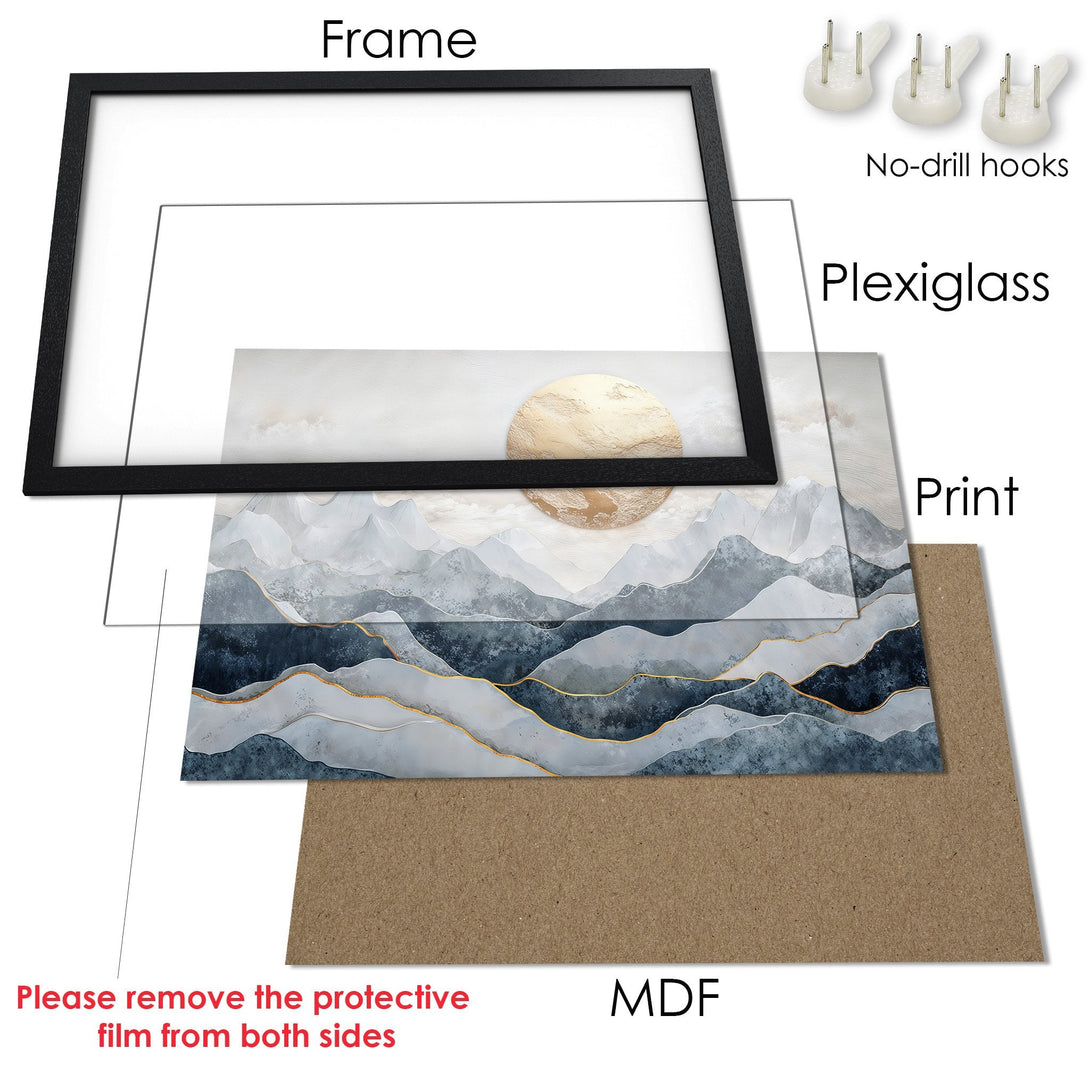 Framed Poster featuring a serene mountain landscape in a watercolor style, with a blue and gold color palette. Ready to hang.