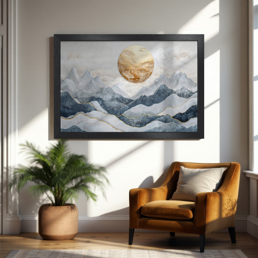 Framed Poster featuring abstract mountain art in blue, gold, and white. Modern wall decor for your home.