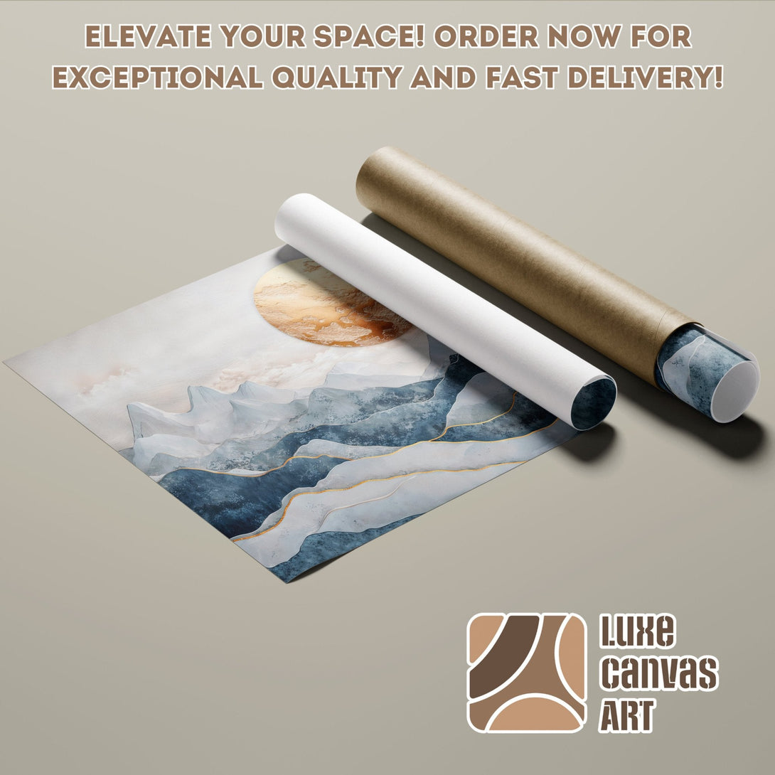Abstract landscape poster roll in blue, gold, and neutral tones. Elevate your space!