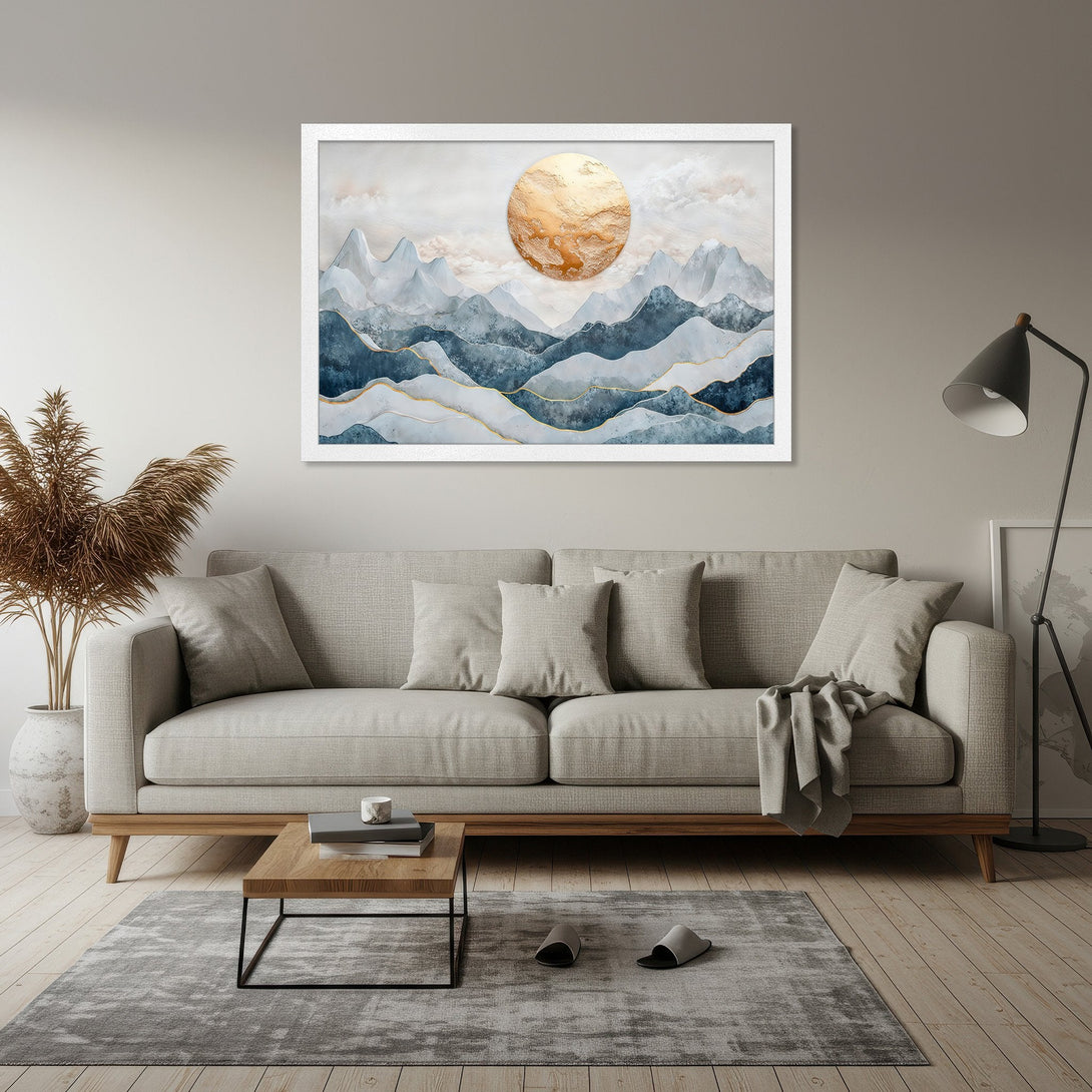 Framed Poster featuring abstract mountain landscape art in blue & gold tones. Modern wall decor for living room or bedroom.