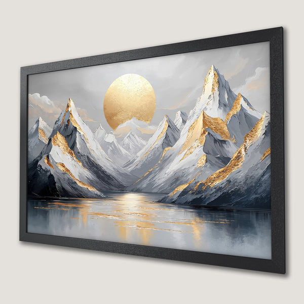Framed Poster of mountain landscape art with gold accents, gray & white color palette. Elevate your space!