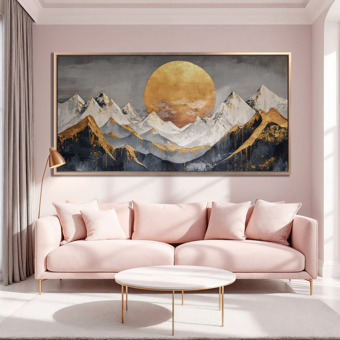 Framed Wall Art: Abstract mountain landscape in gold, gray, and white. Modern canvas print adds a touch of elegance to any living room.