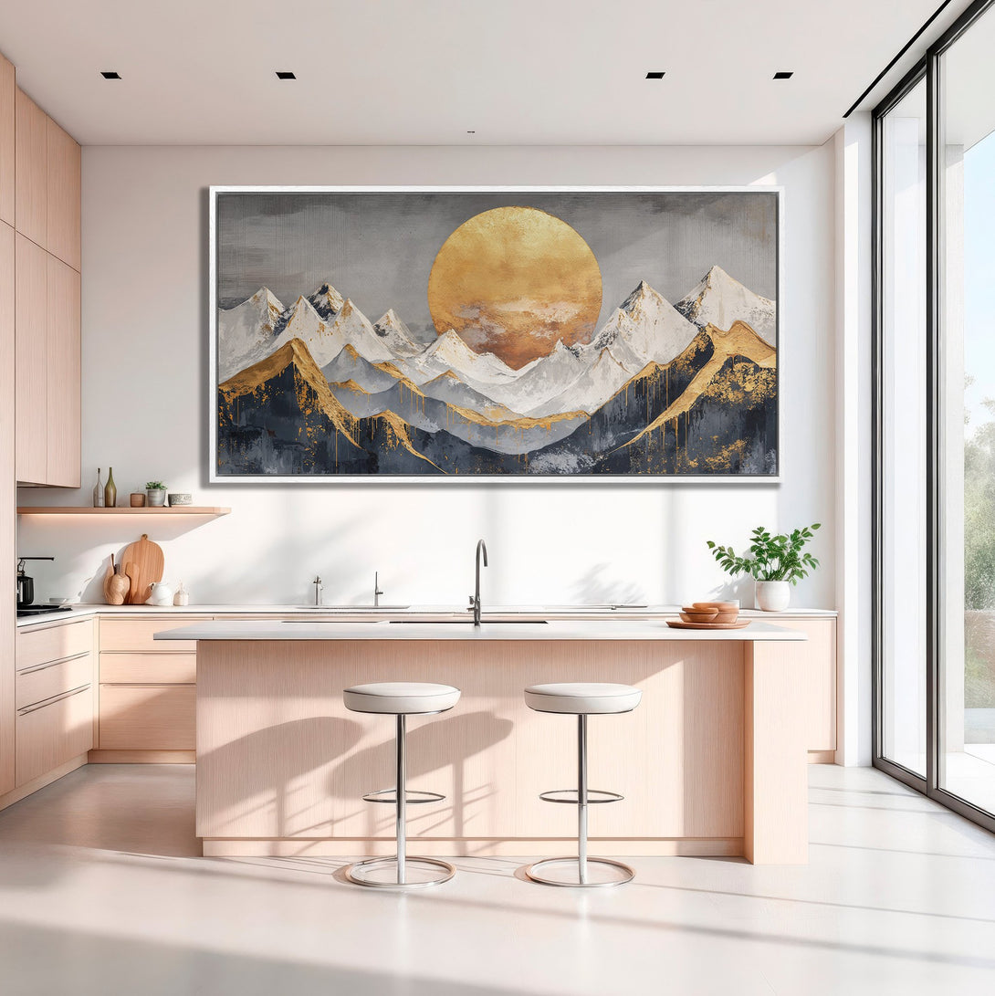 Framed Wall Art featuring a stunning mountain landscape with a golden sun. Modern, abstract style with a grey, gold, and white color palette. Perfect for any interior.