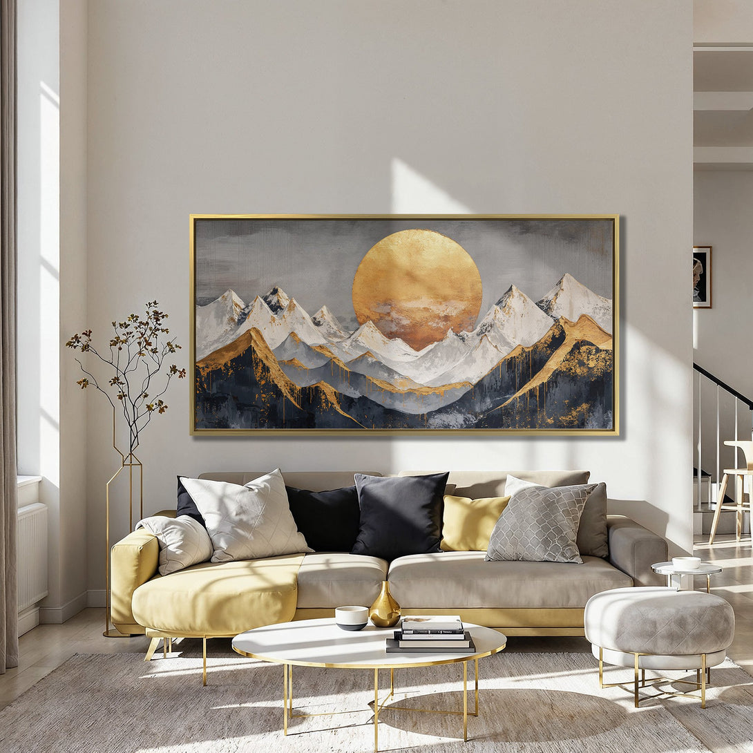 Abstract mountain Canvas Print with gold accents, displayed in a modern interior. Features a warm, neutral color palette.