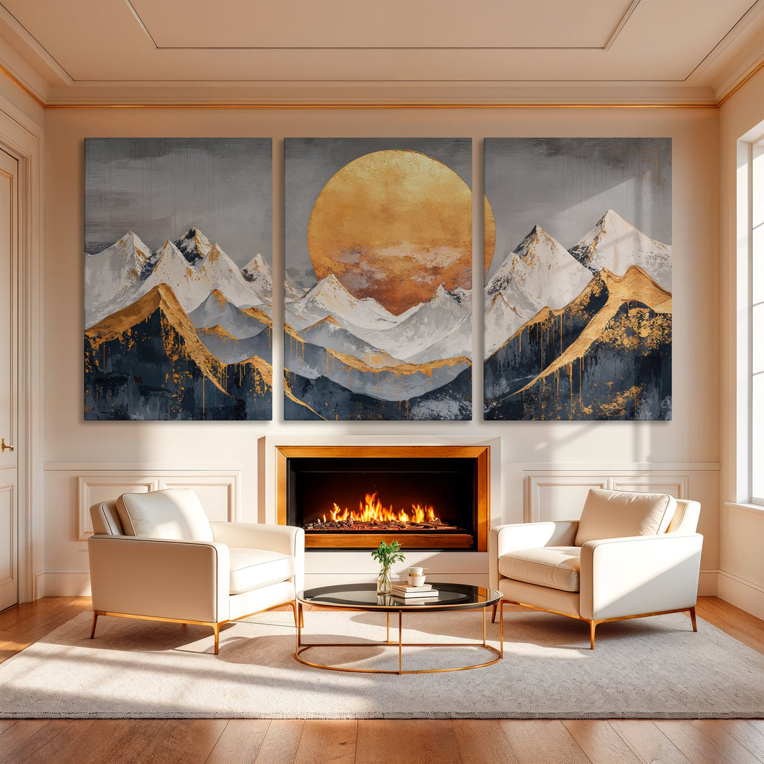 Abstract mountain Canvas Print in gold, gray, and navy. Modern art for living room decor. Adds a touch of luxury.