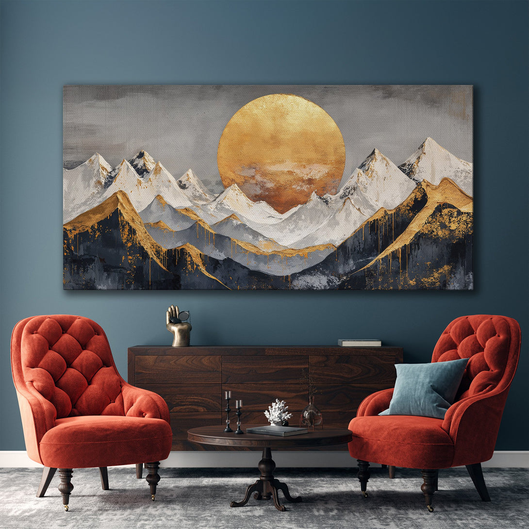 Framed Wall Art: Abstract mountain landscape in gold, gray, and white. Modern art canvas print adds elegance to any interior. Shop now!