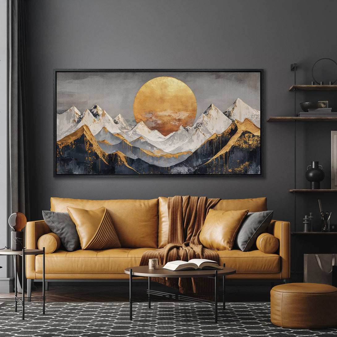 Framed Wall Art featuring abstract mountain landscape in gold, gray, and white tones. Modern art for a stylish living room.