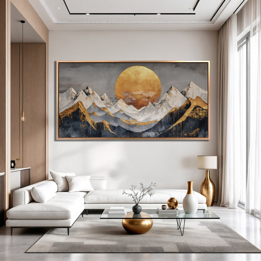 Framed Wall Art: Abstract mountain landscape in gold, gray, and white. Modern art canvas print adds elegance to any living room.