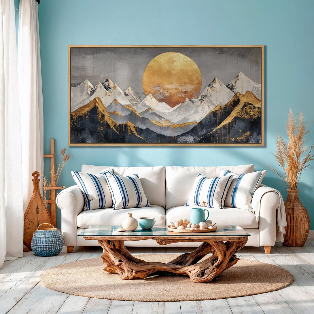Framed Wall Art: Abstract mountain landscape in gold, gray, and white. Modern style canvas print adds a touch of elegance to any room.