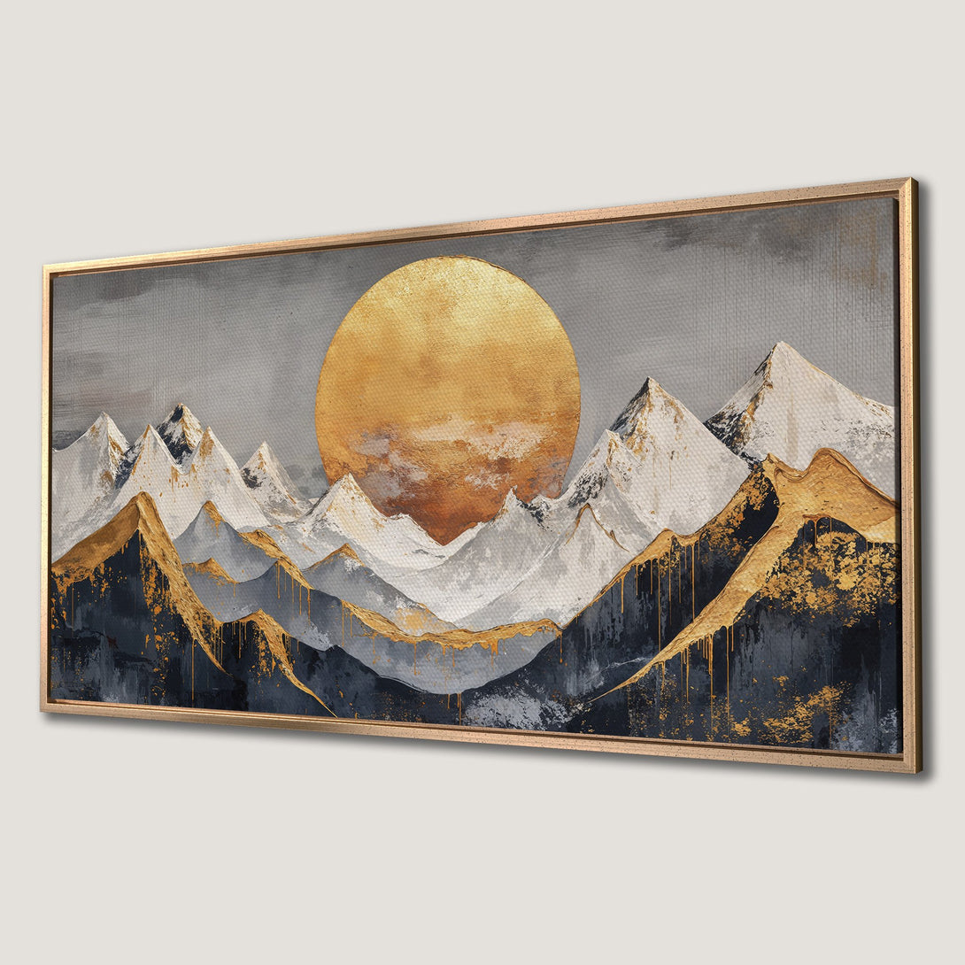Framed Wall Art: Abstract mountain landscape Canvas Print in gold, gray, and white. Modern art for home decor.