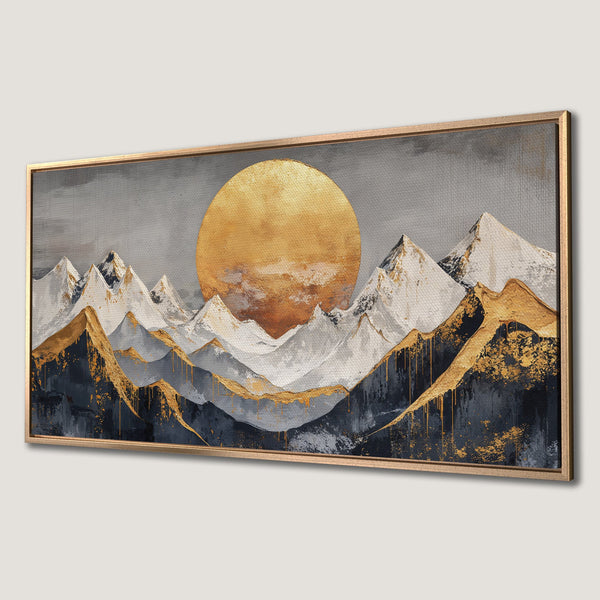 Framed Wall Art: Abstract mountain landscape Canvas Print in gold, gray, and white. Modern art for home decor.