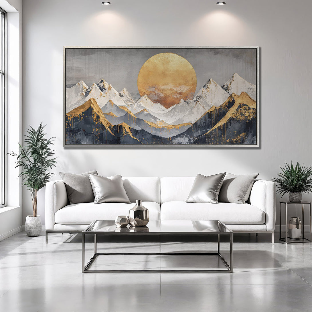 Framed Wall Art of abstract mountains in gold and gray tones. Modern art Canvas Print for living room decor.