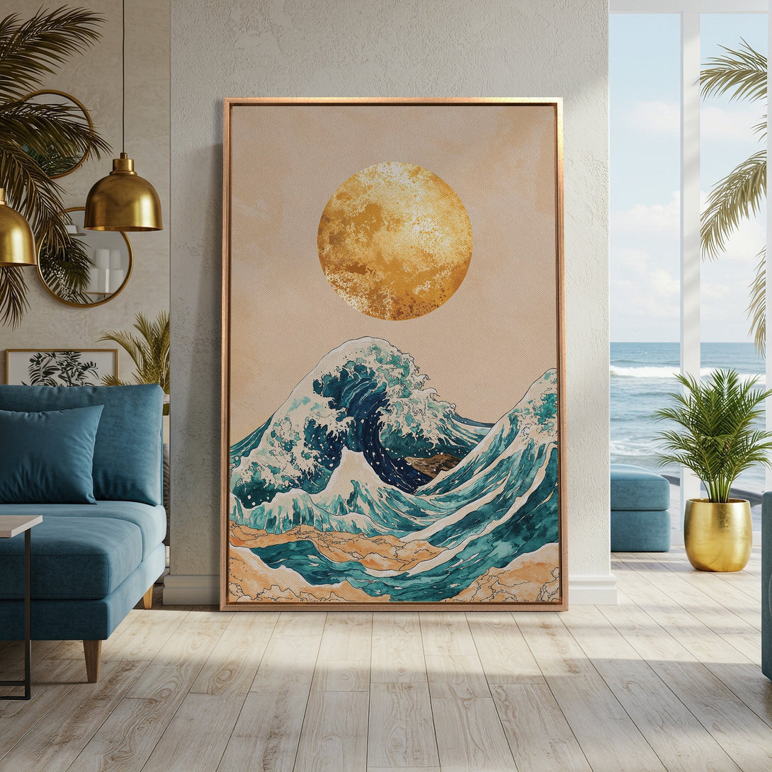 Framed Wall Art featuring a wave and sun design in teal, gold, and beige. Coastal-inspired artwork perfect for any home.