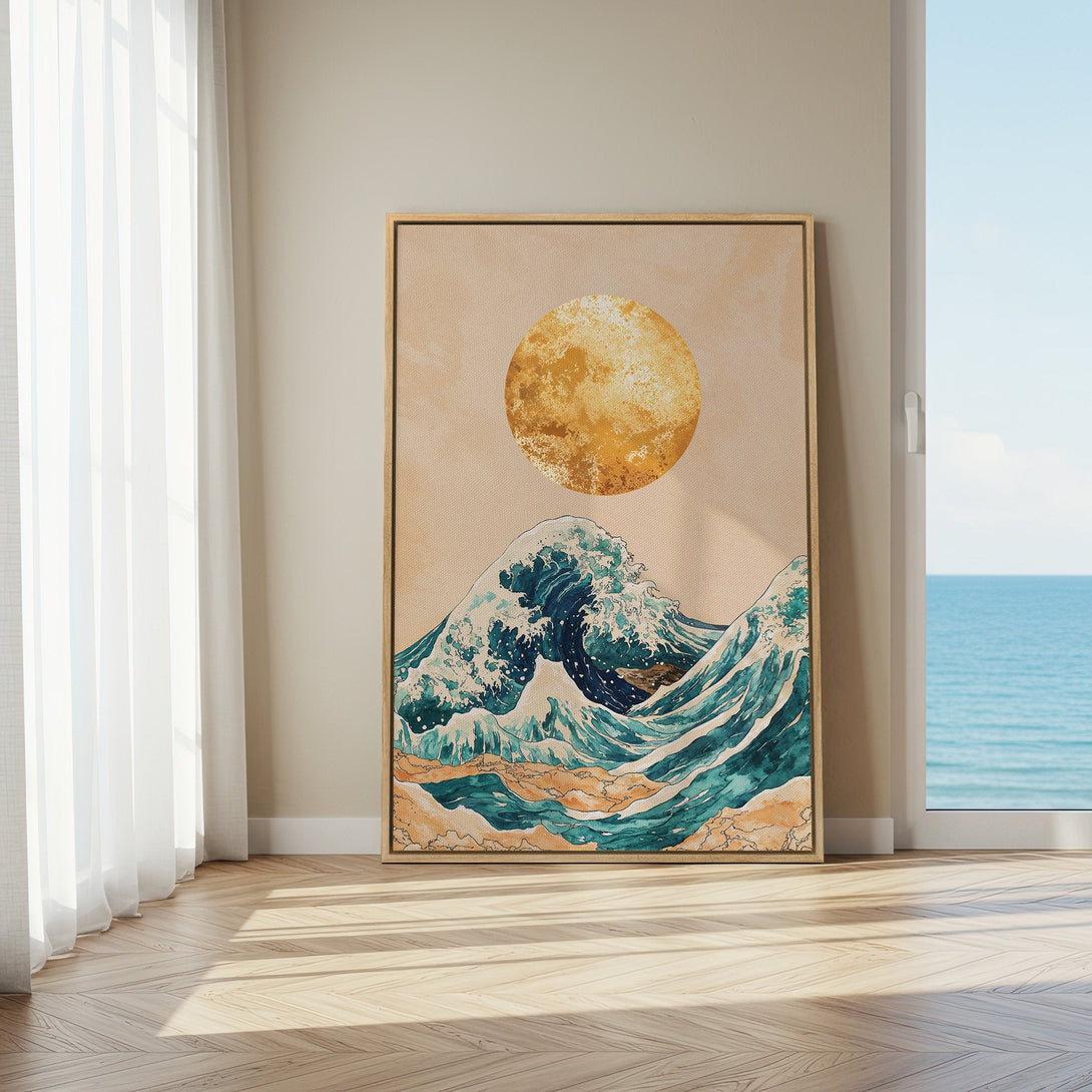 Framed Wall Art featuring a Japanese wave design with teal and gold tones. Perfect coastal art for your home!