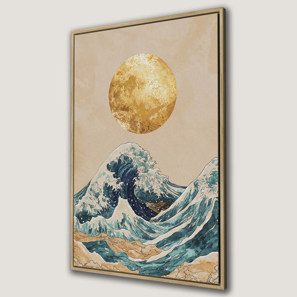 Framed Wall Art featuring a Japanese wave illustration with a golden sun. Coastal-inspired art in a calming blue, beige, and gold color palette. Perfect for any room!
