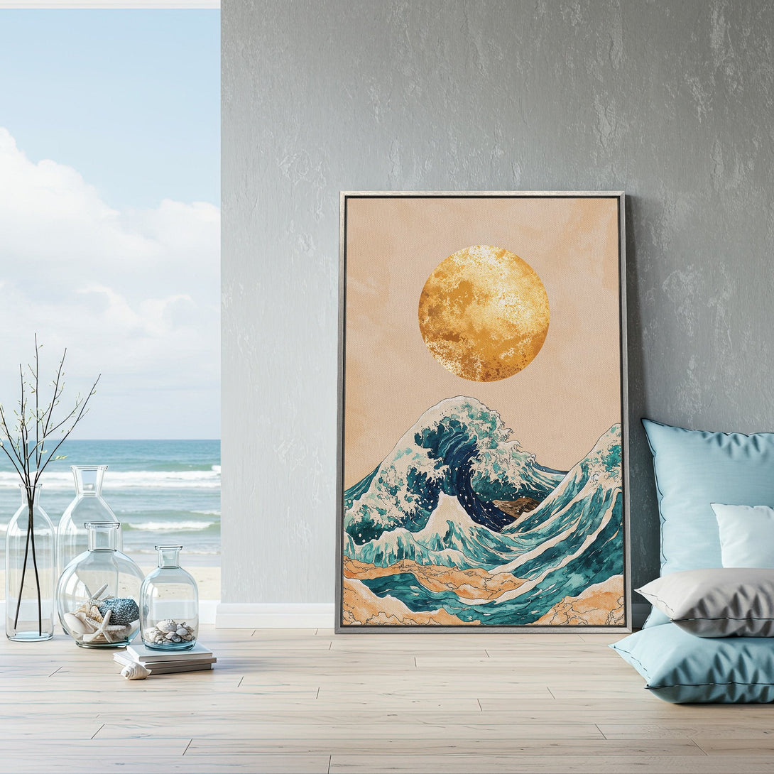 Framed Wall Art: Coastal wave art print in a serene interior. Featuring a calming blue, gold, and beige color palette. Perfect for adding a touch of zen to your home.