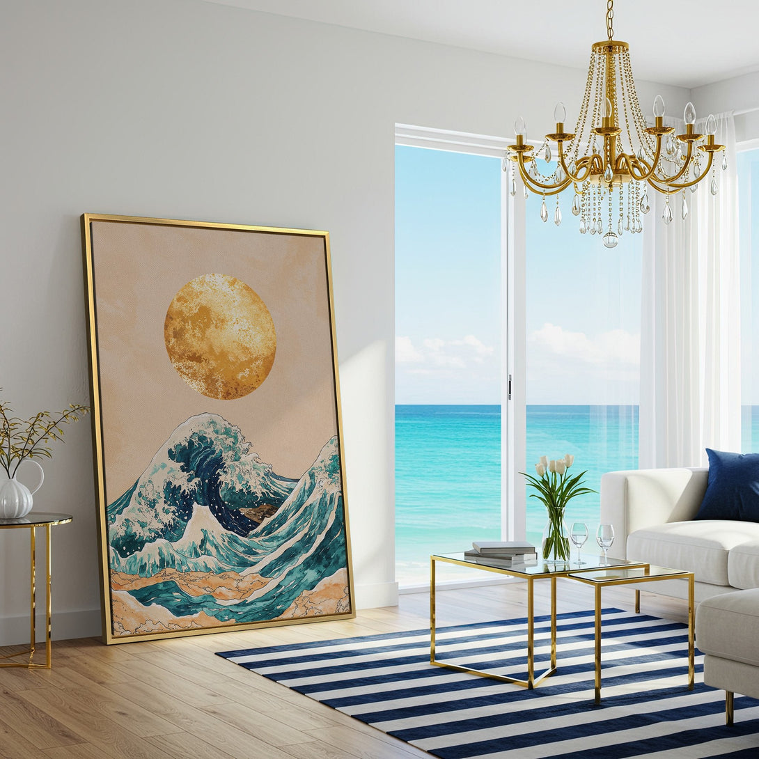 Canvas Print of a serene ocean wave art piece with a golden sun, in a calming blue and beige color palette. Modern wall decor.