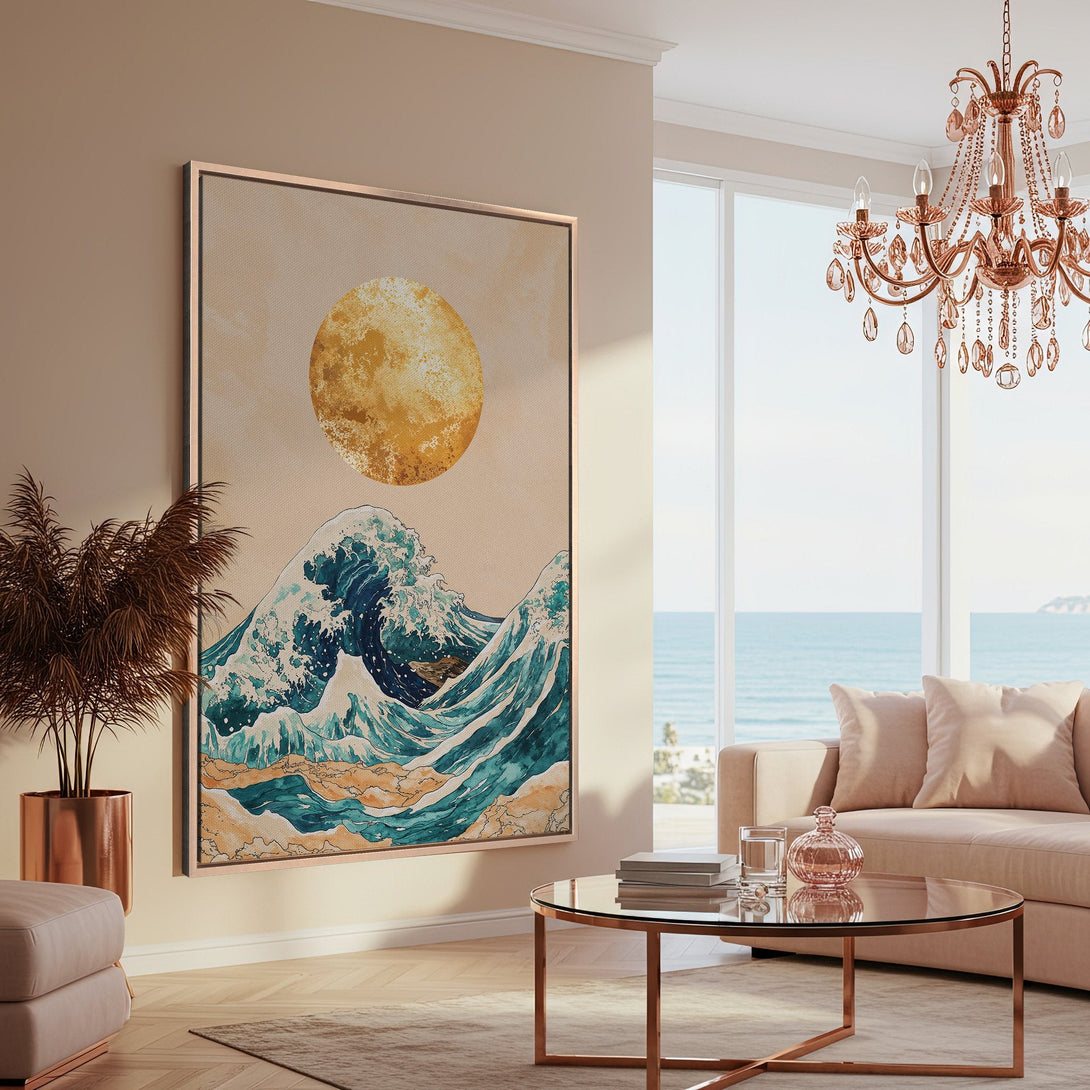 Framed Wall Art featuring a serene Japanese wave print in teal, gold, and beige. Adds a touch of coastal elegance to any living space.