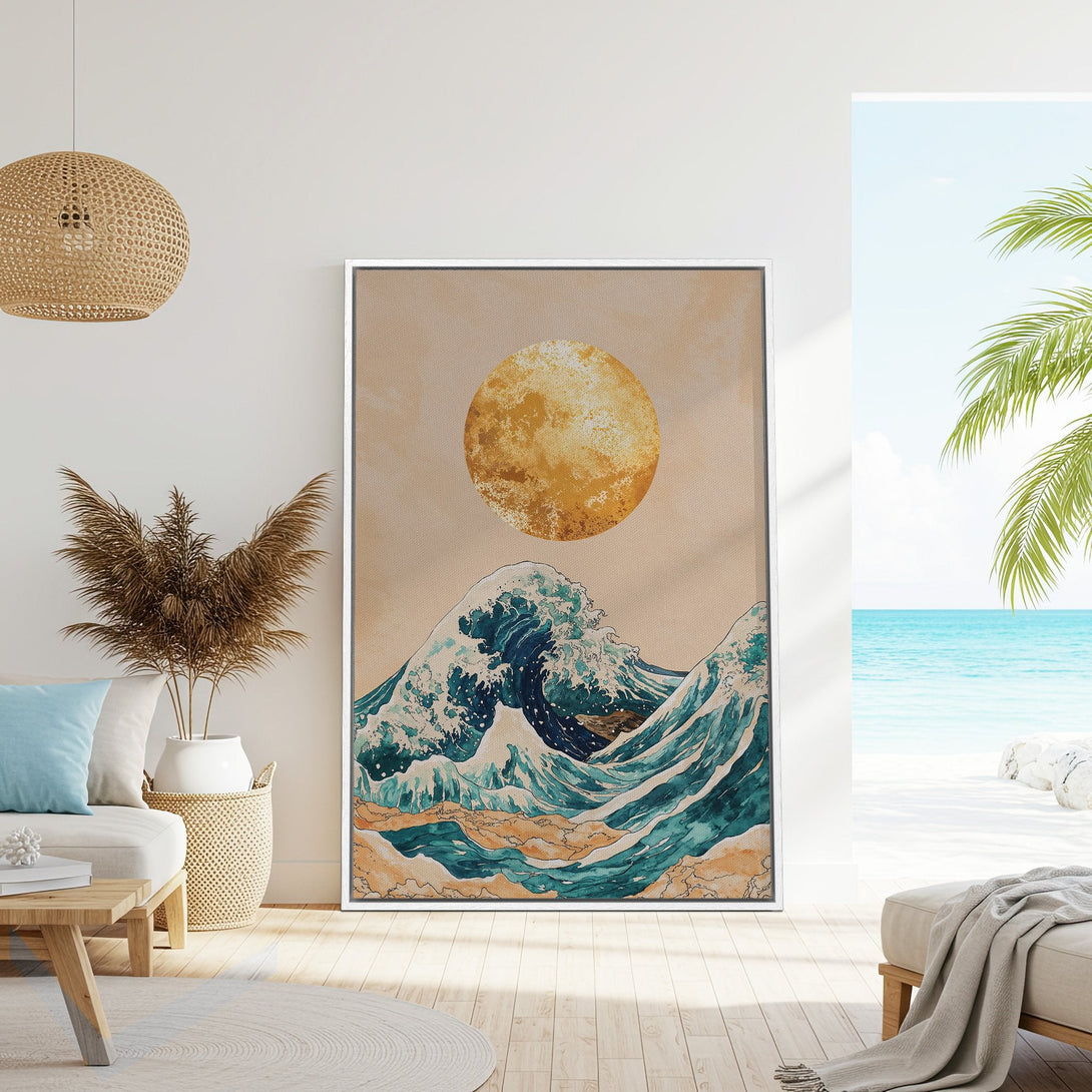 Framed Wall Art: Coastal wave art print with a watercolor style and a warm, neutral color palette, perfect for adding a touch of serenity to any space.