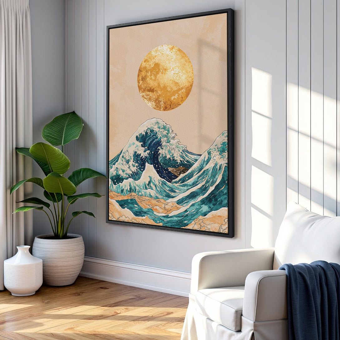 Framed Wall Art: Japanese wave art print in a modern living room. Featuring a blue, gold, and beige color palette, this canvas print adds a touch of zen.