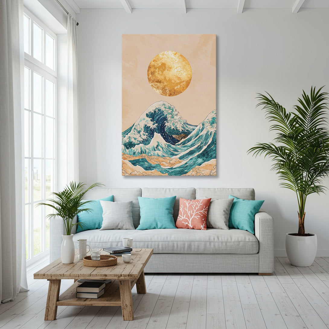 Framed Wall Art featuring a Japanese wave design in teal and gold, displayed in a modern coastal living room with blue and beige accents.