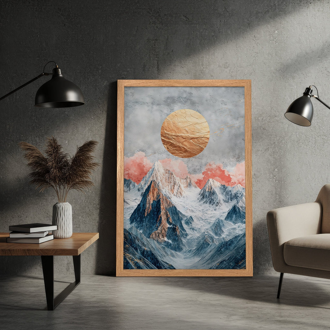 Framed Poster of mountain landscape art with a gold sun, modern style, cool and warm color palette.