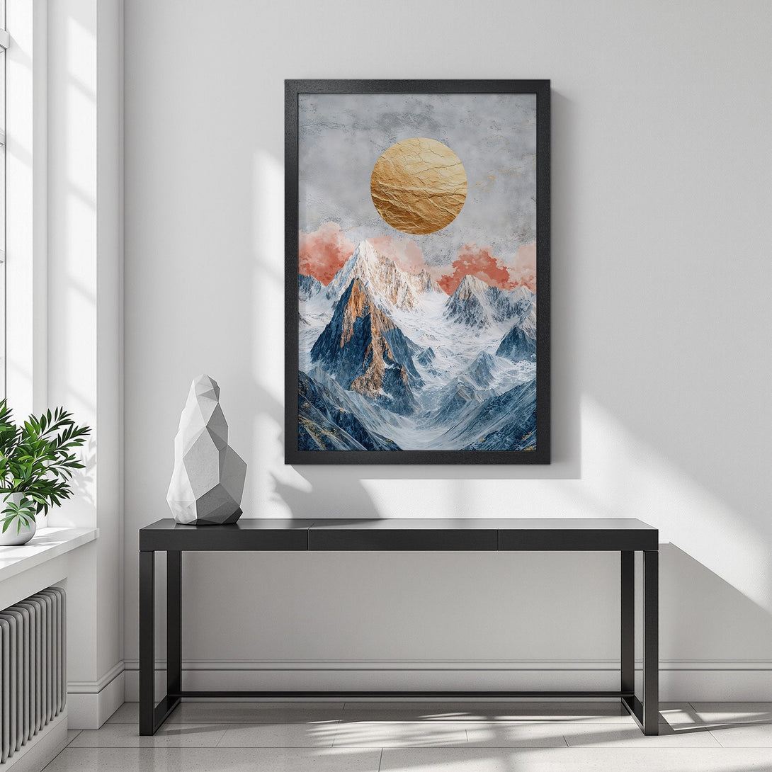 Framed Poster of mountain landscape art with gold sun, featuring a modern style and a neutral color palette. Elevate your space!