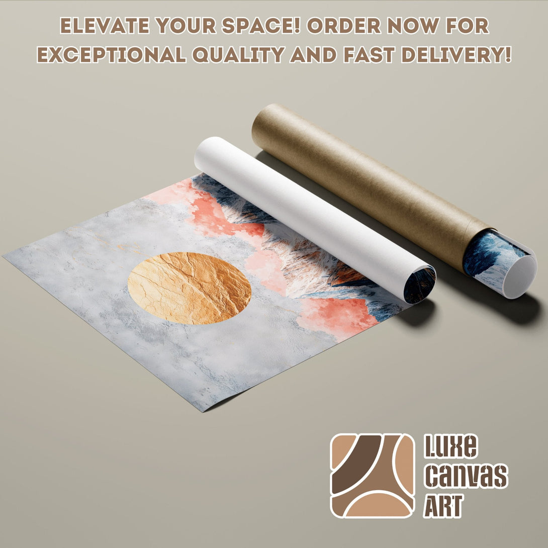 Abstract art Poster Roll with gold, grey, and coral color palette. Elevate your space with Luxe Canvas Art!