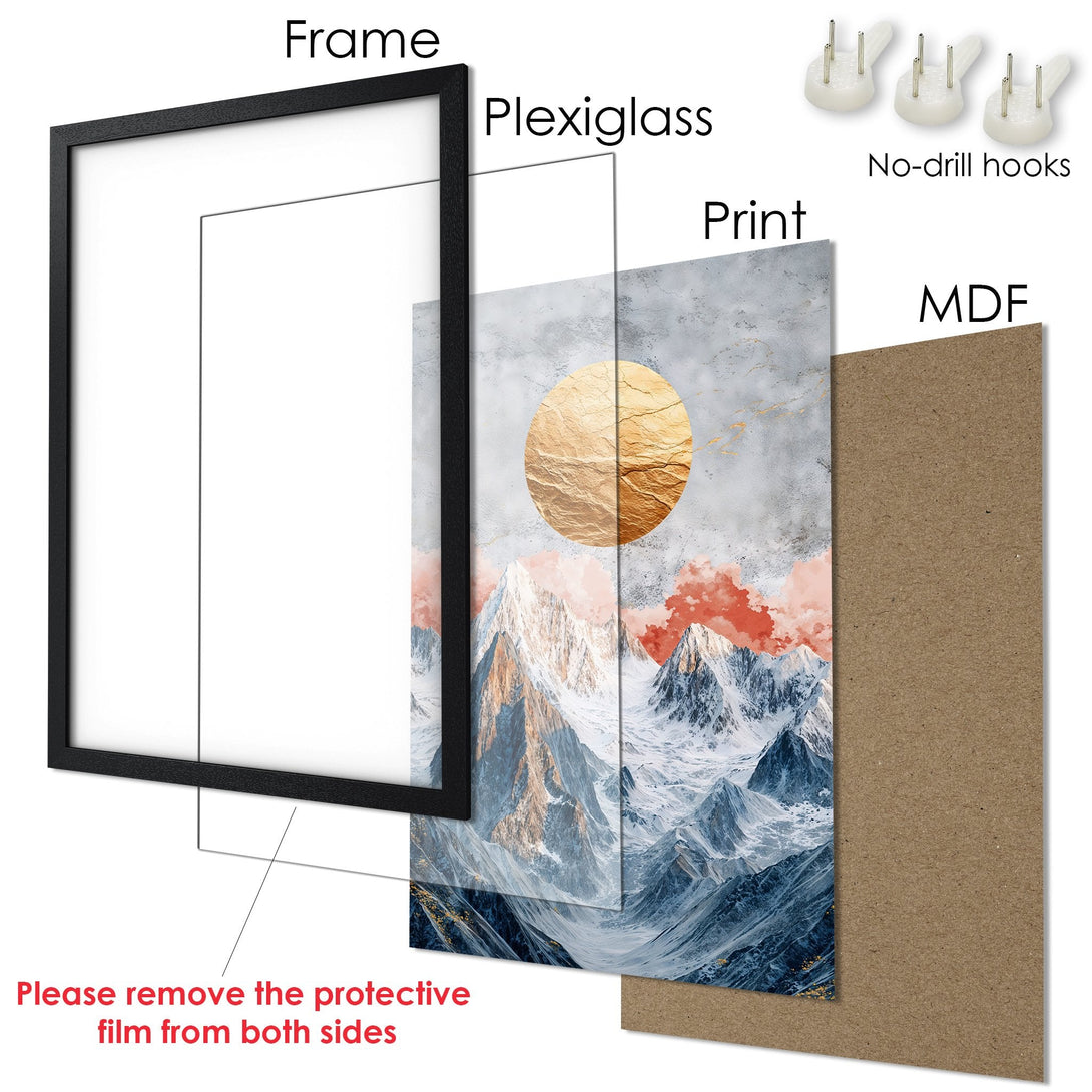 Framed Poster featuring a mountain landscape with a gold sun, artistic style, and a palette of blues, gold, and coral.