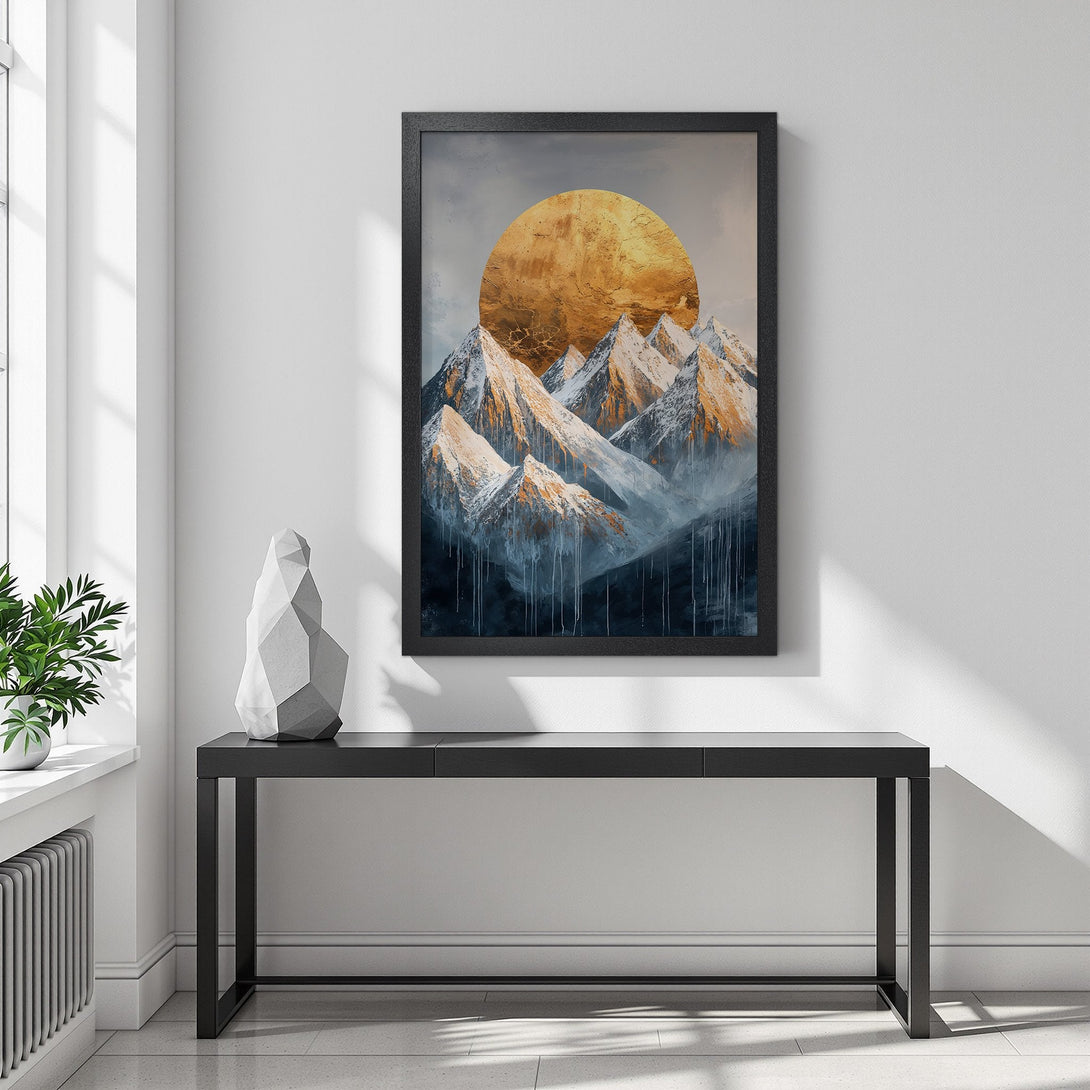 Framed Poster featuring mountain landscape art in gold, blue, and white. Modern style, perfect for home decor.