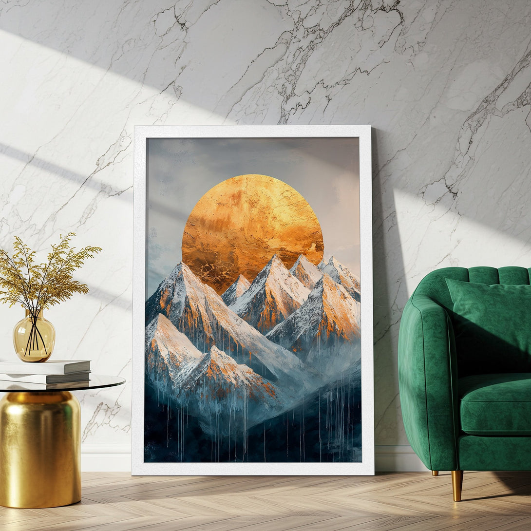 Framed Poster featuring abstract mountain art with a golden sun, in a blue and gold color palette. Perfect wall decor!