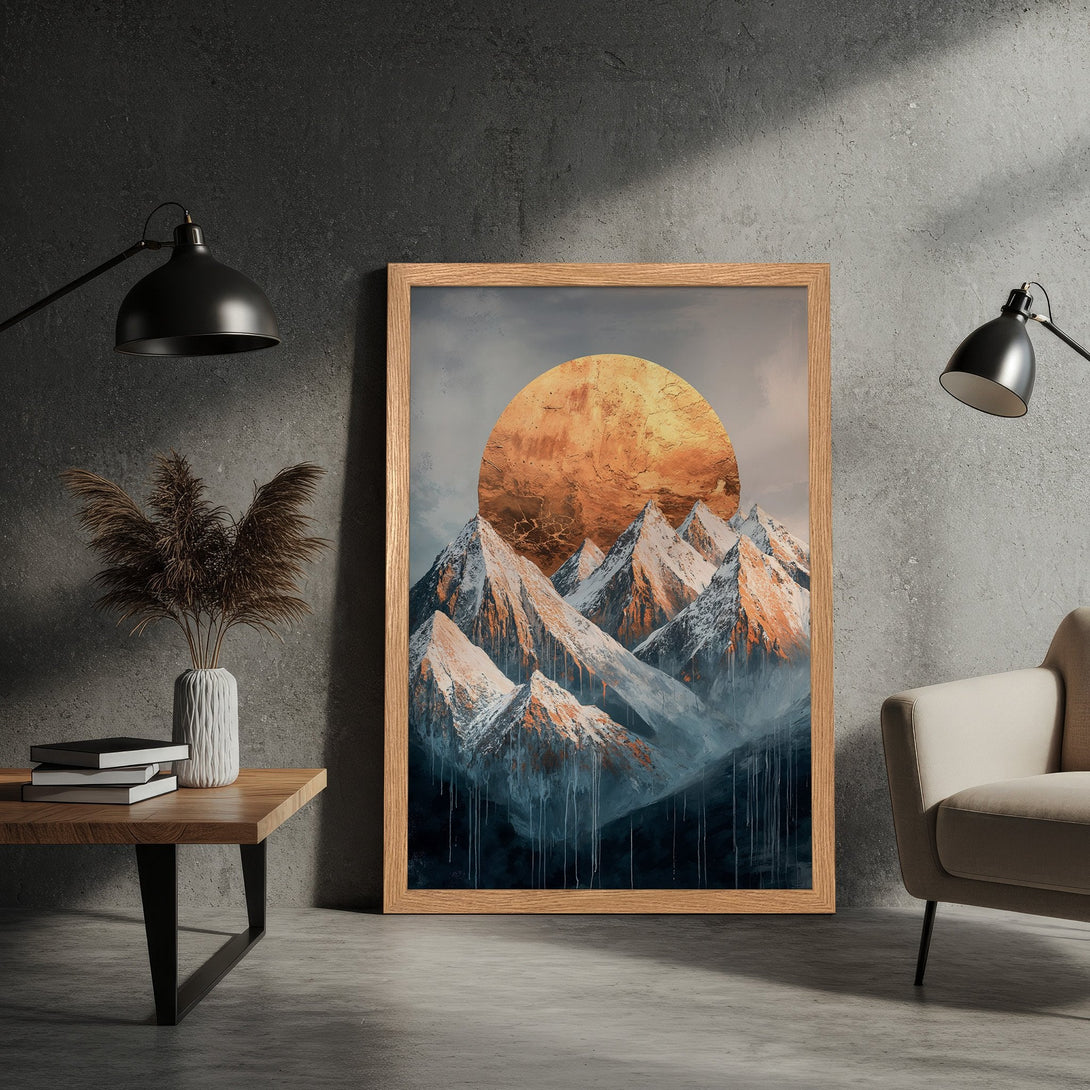 Framed Poster featuring a mountain landscape with a warm, sunset color palette. Modern art style for home decor.