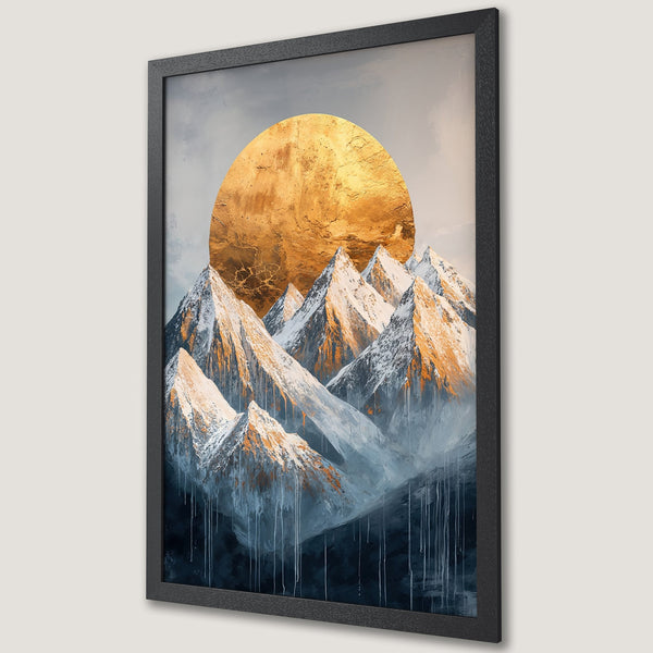 Framed Poster of abstract mountain landscape with gold sun, in a modern style. Features a blue and gold color palette.