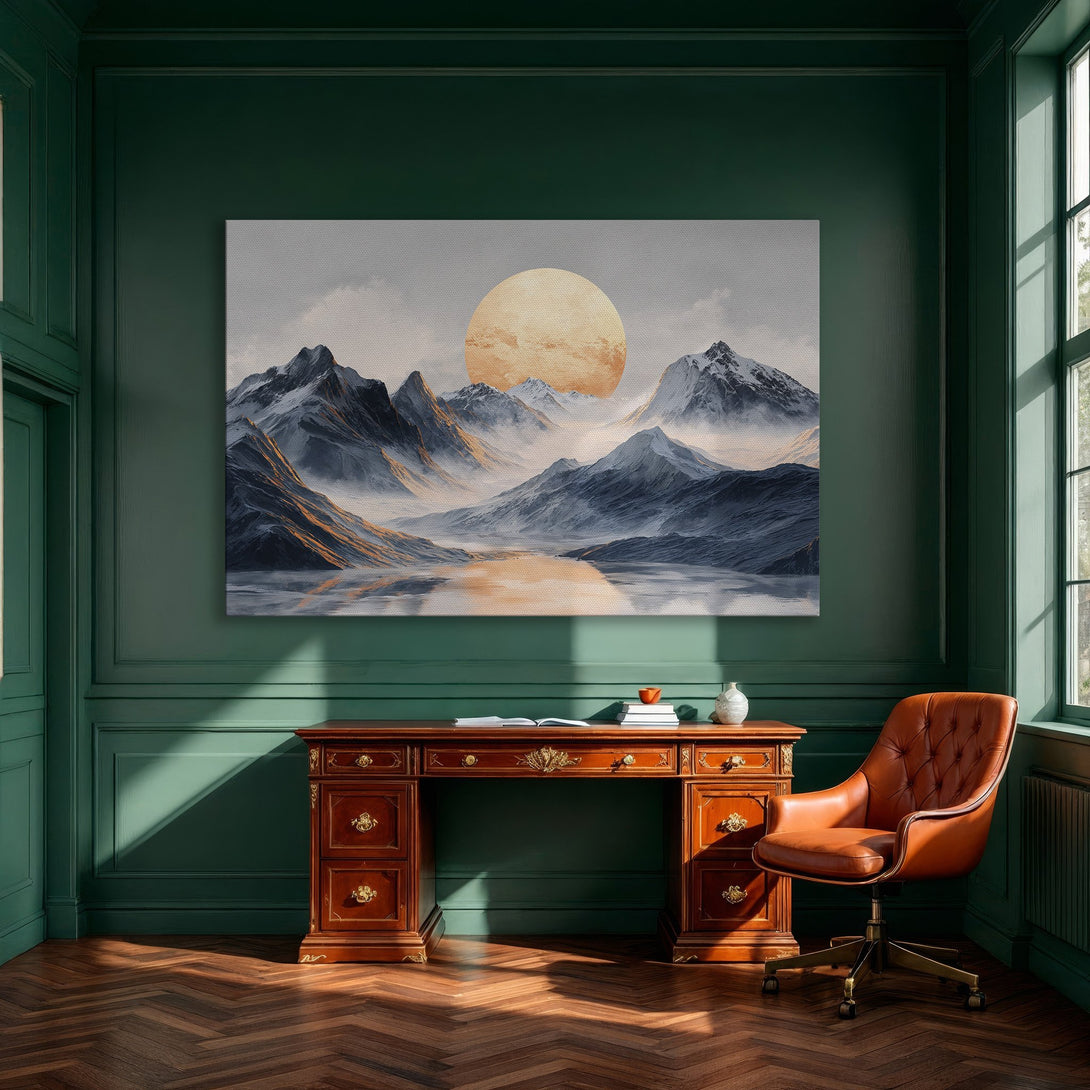 Framed Wall Art: Mountain landscape Canvas Print with a warm, neutral color palette. Perfect for adding a touch of nature to your home decor.