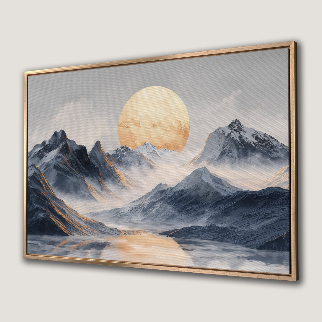 Framed Wall Art featuring a serene mountain landscape with a golden sun, in cool blue and gold tones. Modern art for your home.