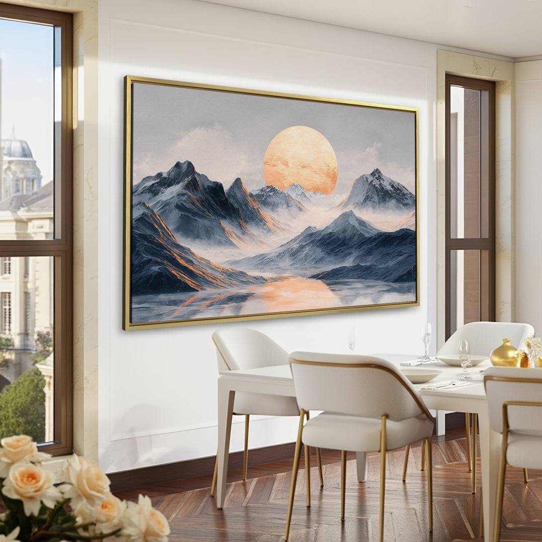 Canvas Print of a mountain landscape with a golden sun, displayed in a sophisticated interior. Serene, cool-toned artwork for your home.
