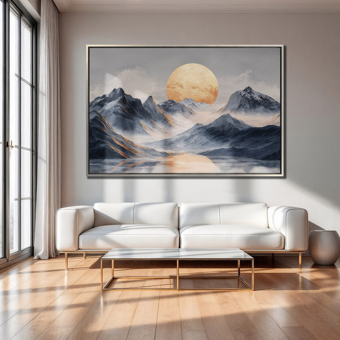Framed Wall Art: Mountain landscape canvas print in a modern living room. Features a serene, muted color palette with blues, grays, and gold accents.