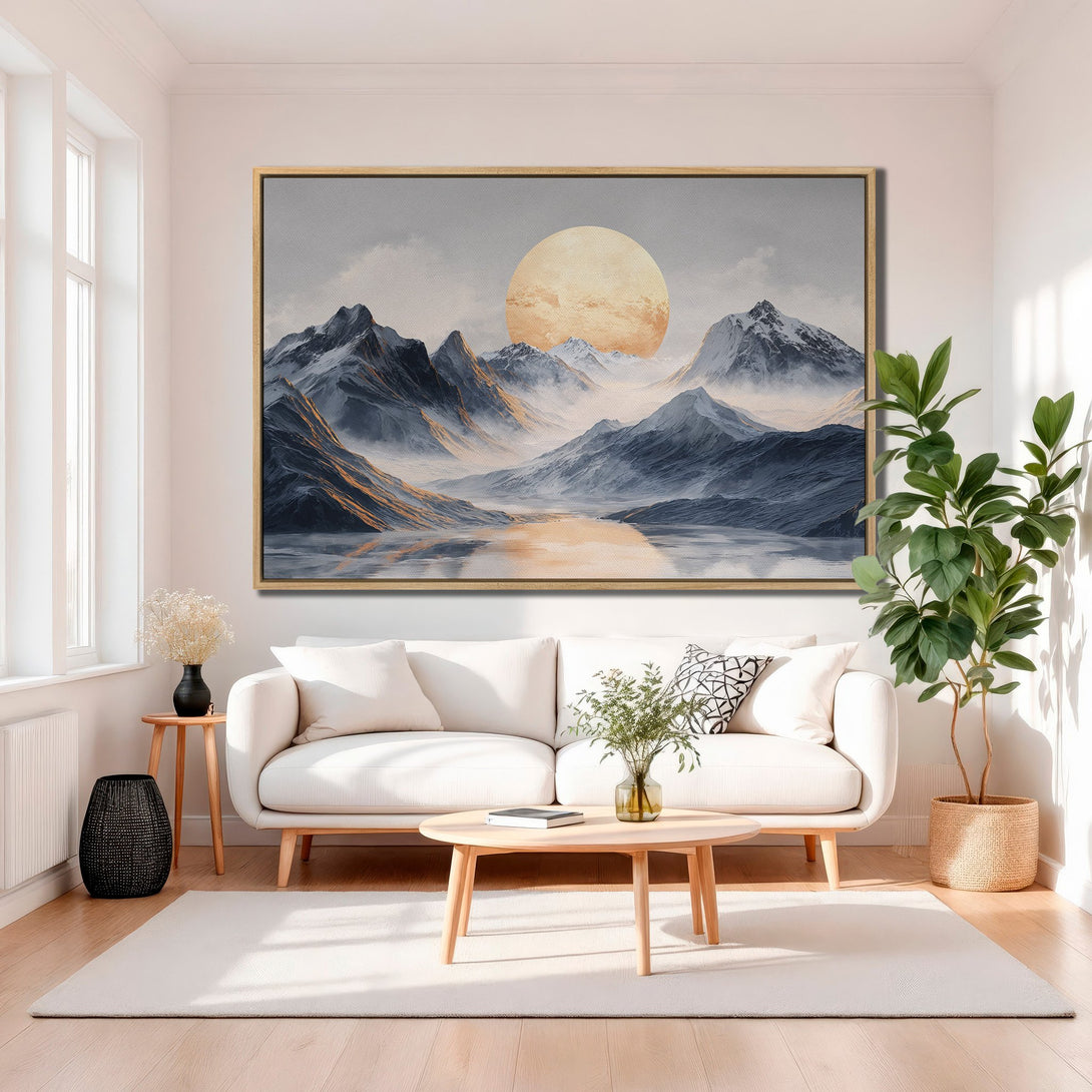 Framed Wall Art: Mountain landscape Canvas Print in neutral tones. Modern art for living room decor. Adds a touch of serenity and style to any space.
