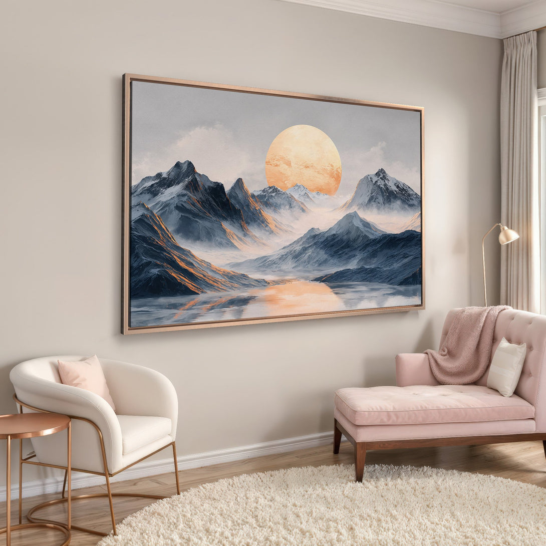 Framed Wall Art: Mountain landscape Canvas Print in cool blues, grays, and warm orange tones. Modern art for living room decor.